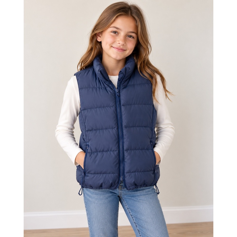 LANDS END Puffer Vest Quilted Full Zip Girls M 10-12 Navy Blue Outerwear Layer